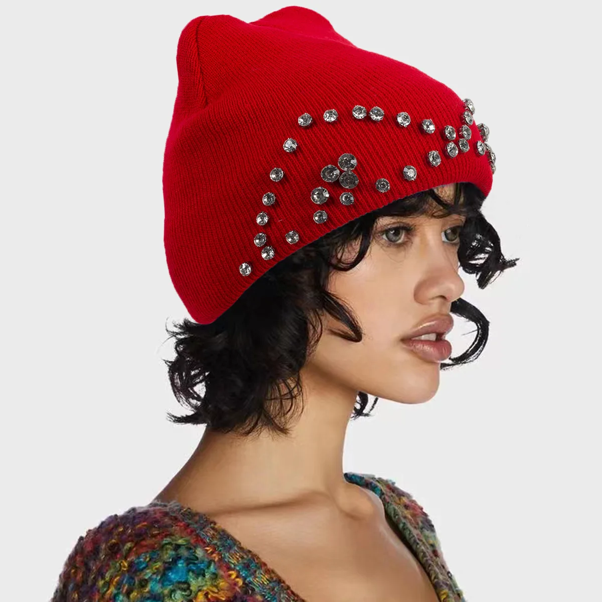 Winter Warm Rhinestone Crystal Chunky Soft Stretch Knitted Beanies Hat High Quality Thicken Skull Cap