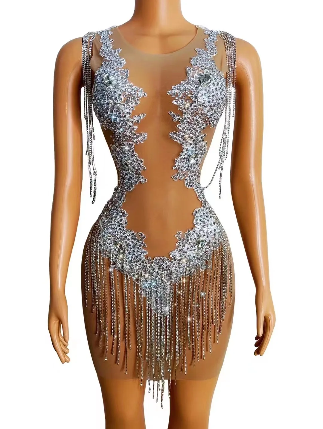 

Sparkly Silver Stones White Tassel Nude Fleshcolor Birthday Prom Celebrate Outfit Bar Evening Women Dancer Fringes Dress