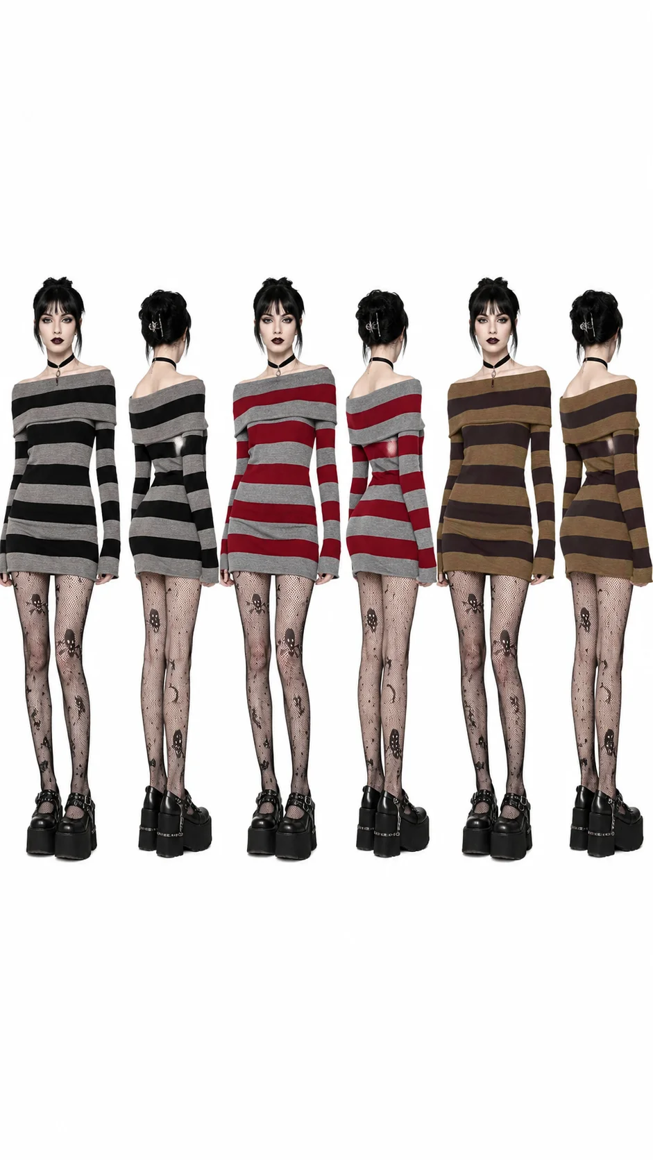 Women Gothic Y2K Off Shoulder Striped Knit Mini Dress, Long Sleeve Bodycon Sweater Dress, Punk Grunge Aesthetic Party Club Outfits image 3