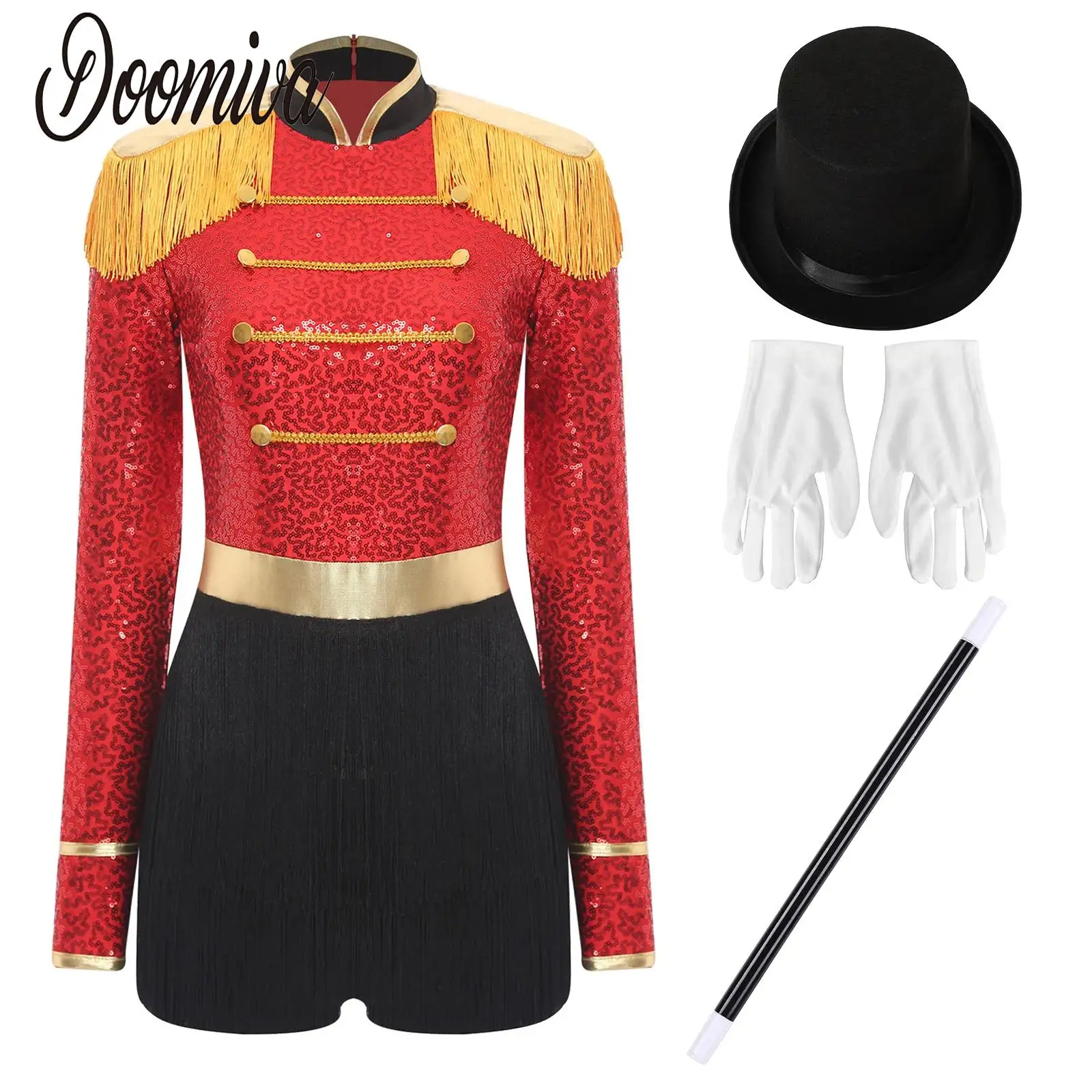 

Women Halloween Carnival Circus Tamer Ringmaster Cosplay Performance Costume Lion Tamer Drum Band Sequin Jumpsuit Dress-up Sets