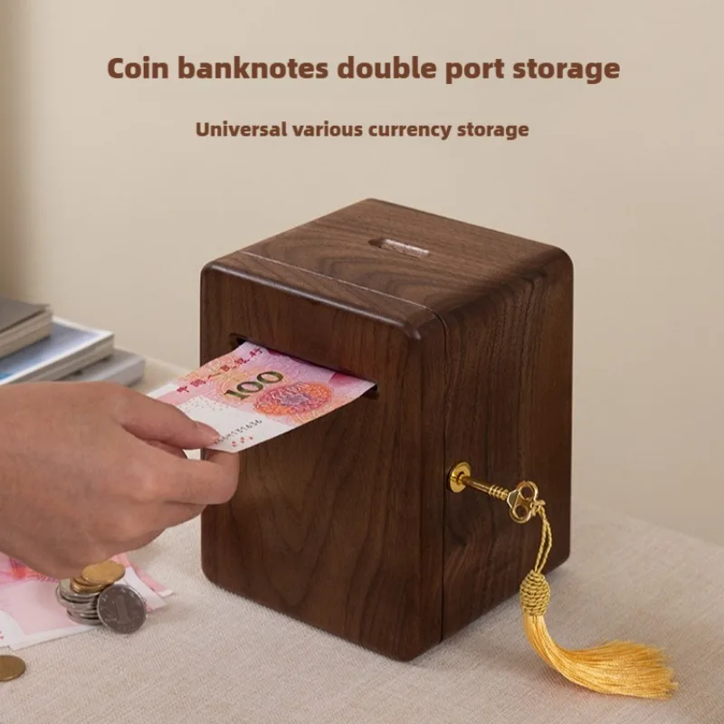 Deluxe Wooden Money Bank Adult Cash Box Black Walnut with Lock Coin Bill Organizer Children's Gift Home Storage Accessories