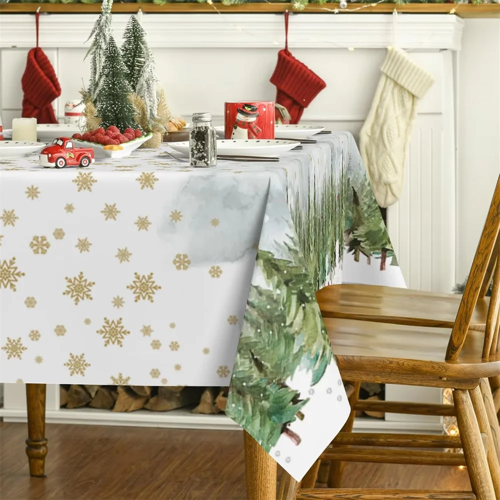 Christmas Trees Golden Snow Waterproof Tablecloth Winter Xmas Party Decor Reusable Wedding Table Decor Navidad Decorations 2025