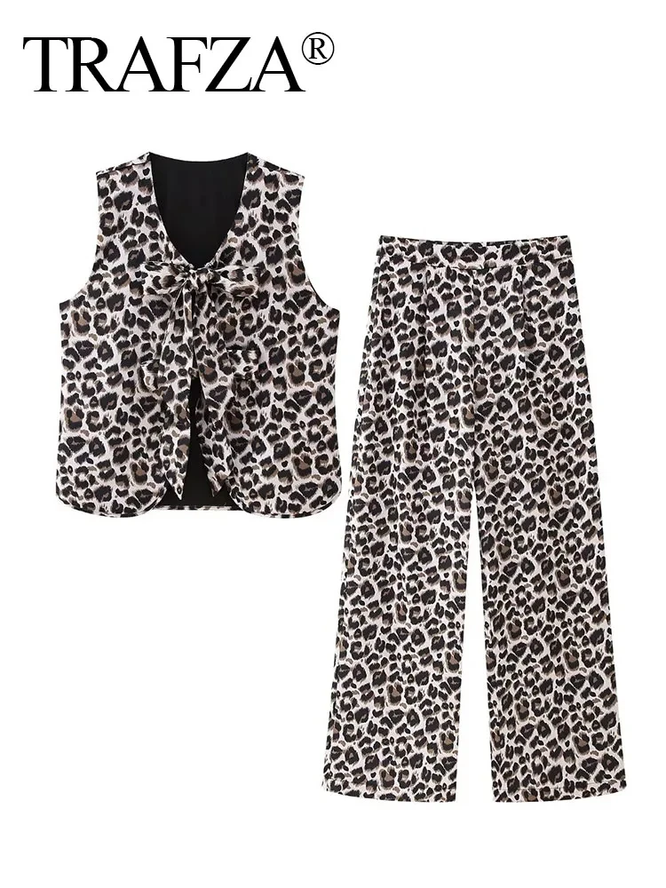 TRAFZA 2024 Trendy Leopard Print Suit For Women Wide Leg Straight Trousers+Sleeveless V Neck Bow Tie Vest Street Retro Sets