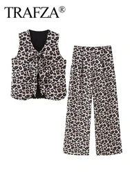 TRAFZA 2024 Women's Summer Fashion Leopard Print Suit Sleeveless Bow Tie V Neck Vest Top Coat+Wide Leg Pants Street Chic Sets