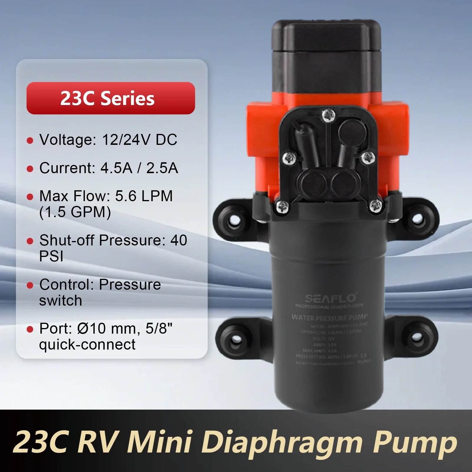 23C Series 5.6LPM Diaphragm Water Pump 12V 24V DC Self‑Priming with Pressure Switch for RV Caravan Fresh Water Use