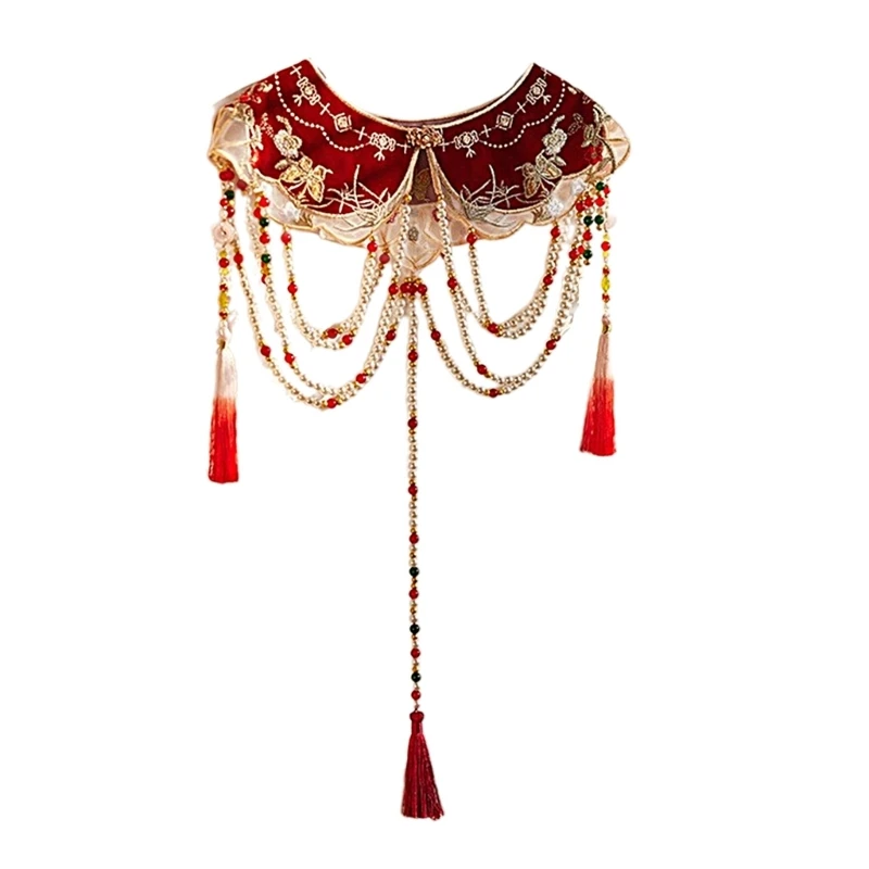 

Detachable Fake Collar Chinese Embroidery Butterfly Pearls Tassels Yunjian Shawl