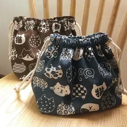 Bolsas de comida de dibujos animados de estilo japonés, puerto de haz de oso, bolsas de almacenamiento de vajilla de gato de la suerte, bolsa de fiambrera con cordón