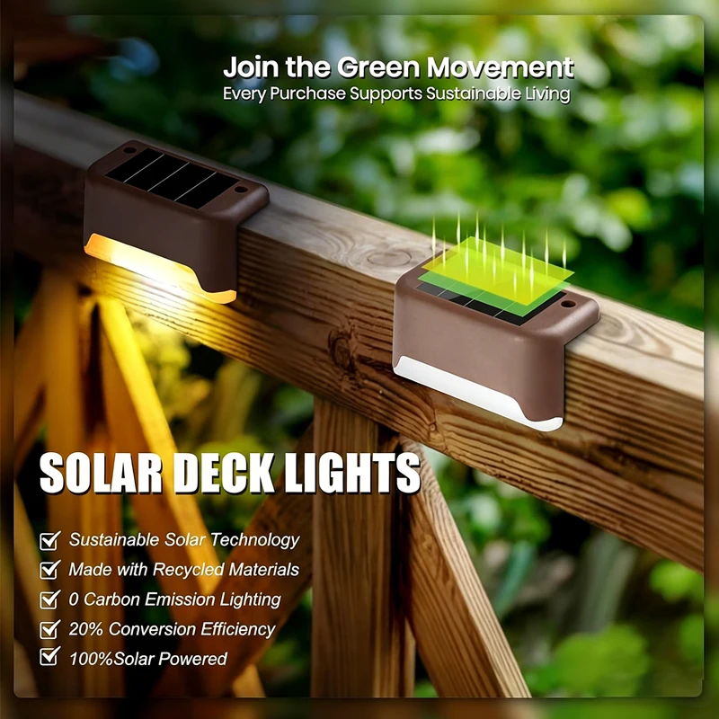 Solar Deck Lights 8-Pack – 4 Warm + 4 White LED Fence Lights, Waterproof IP65, Auto On/Off, Easy Mount