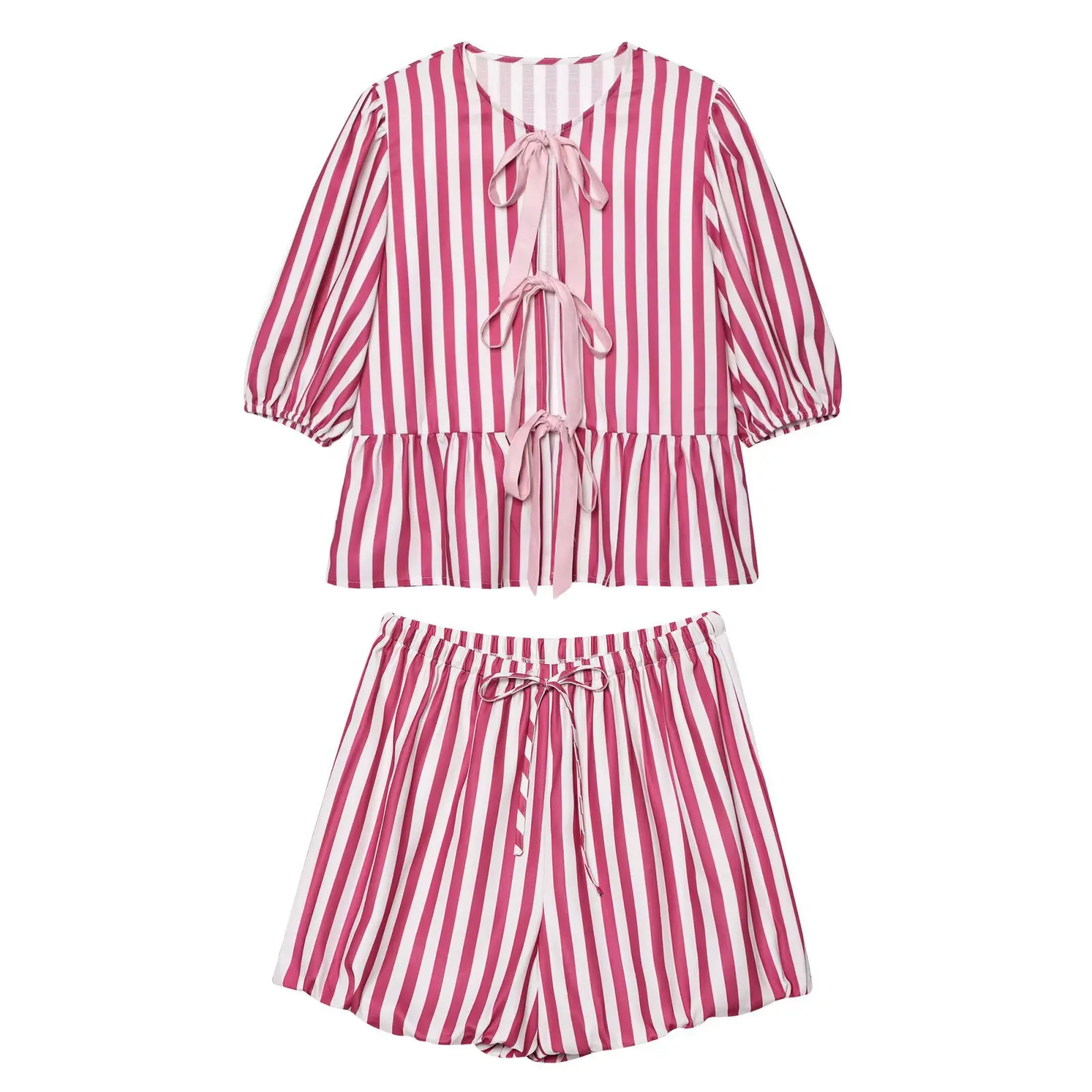 

2025 Summer Casual Women's 2-piece Outfits Striped Bubble Sleeve Shorts Set Bow Tie Straps Sweet Pink Top Loose Breeches Suit