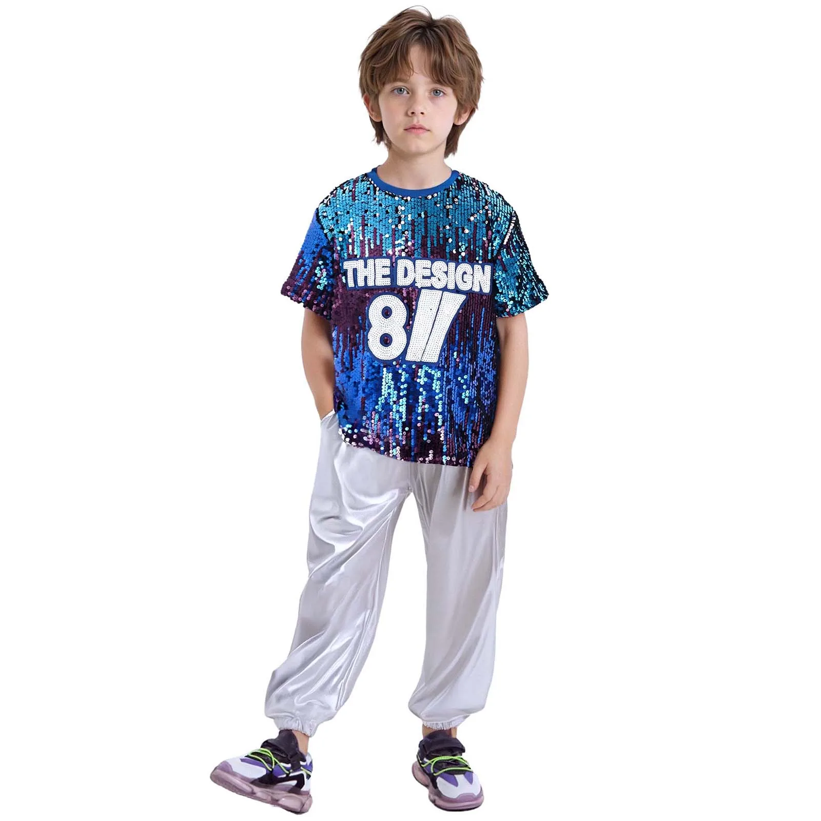 

Kids Girls Boys Hip-Hop Jazz Dance Outfit Short Sleeve Letter Pattern Gradient Color Sequins T-shirt+Pants Set for Cheerleading