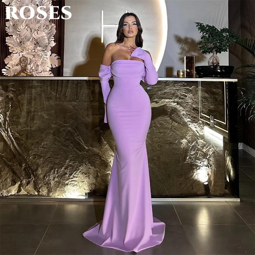 

ROSES Purple Elegant Prom Dress Strapless Off-Shoulder Prom Gown Satin Three-Quarter Sleeves Mermaid Evening Dresses Customized