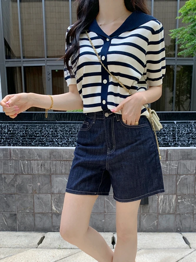 

Облегающий темно-синий полосатый вязаный свитер с воротником, женский шикарный сладкий ор Све, открытый кардиган, цветной топ, Blo Commute Sle V Ne