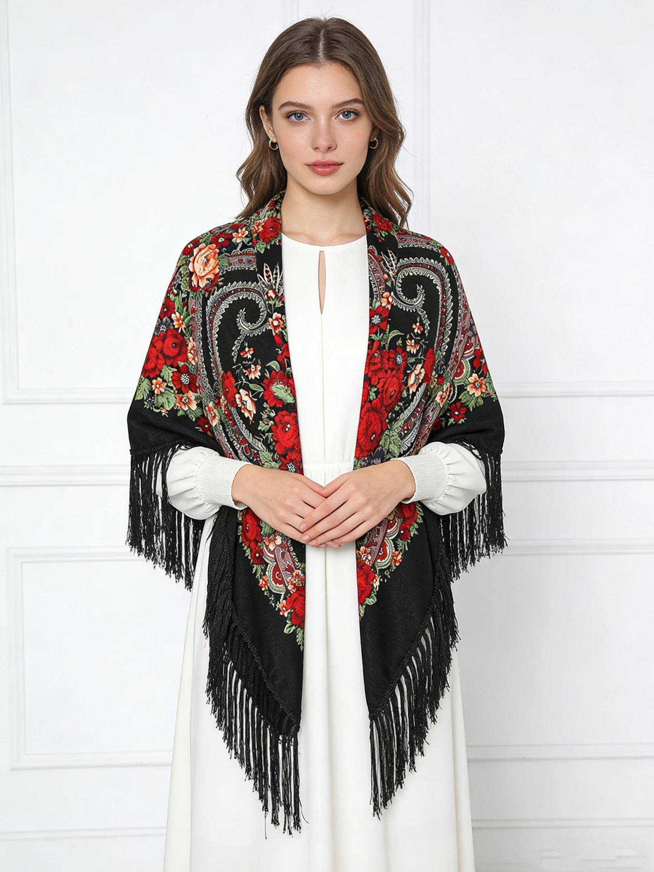 130 cm russischer quadratischer Schal für Damen, warme Schals mit Quasten, Blumenmuster, Sonnenschutz, Taschentuch, Wickeltücher, Babushka-Bandana, Reisedecke