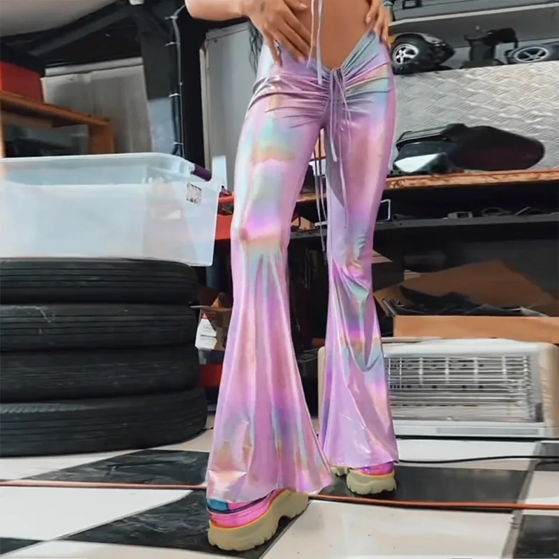 Lace Up Low Rise Flare Pants Holographic Rave Festival Bottoms for Womens Y2k Streetwear Sexy Pants 2023 New Arrival