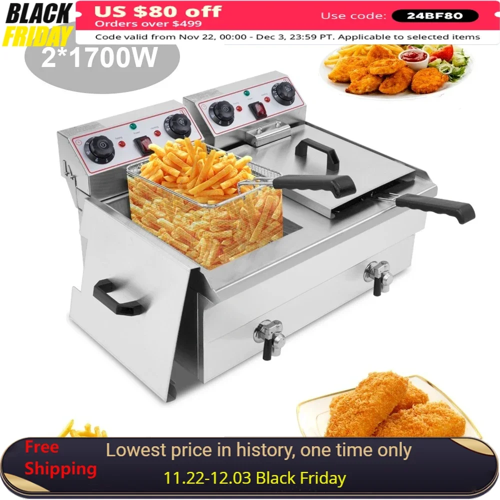 

Electric Deep Fryers 24.9QT/23.6L Stainless Steel Faucet 3400W MAX Double Tank Deep Fryer