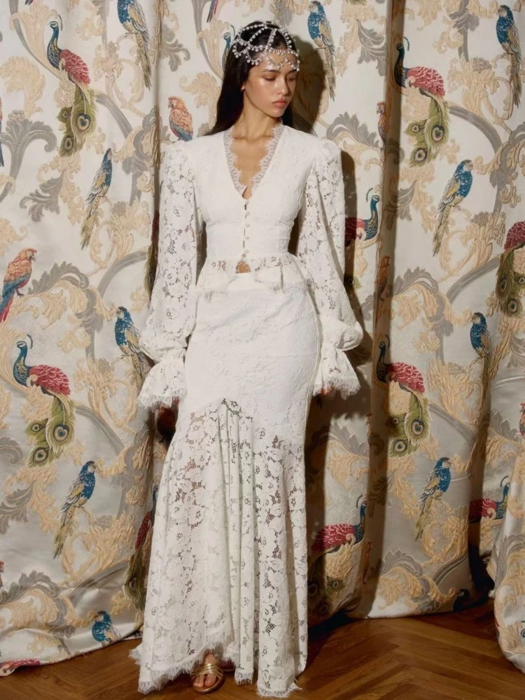 

Women Lace Long Skirt Two Piece Sets Sexy Long Sleeves Single Buttons Top + Slim Mermaid Skrits Suits Evening Party Cocktail Set