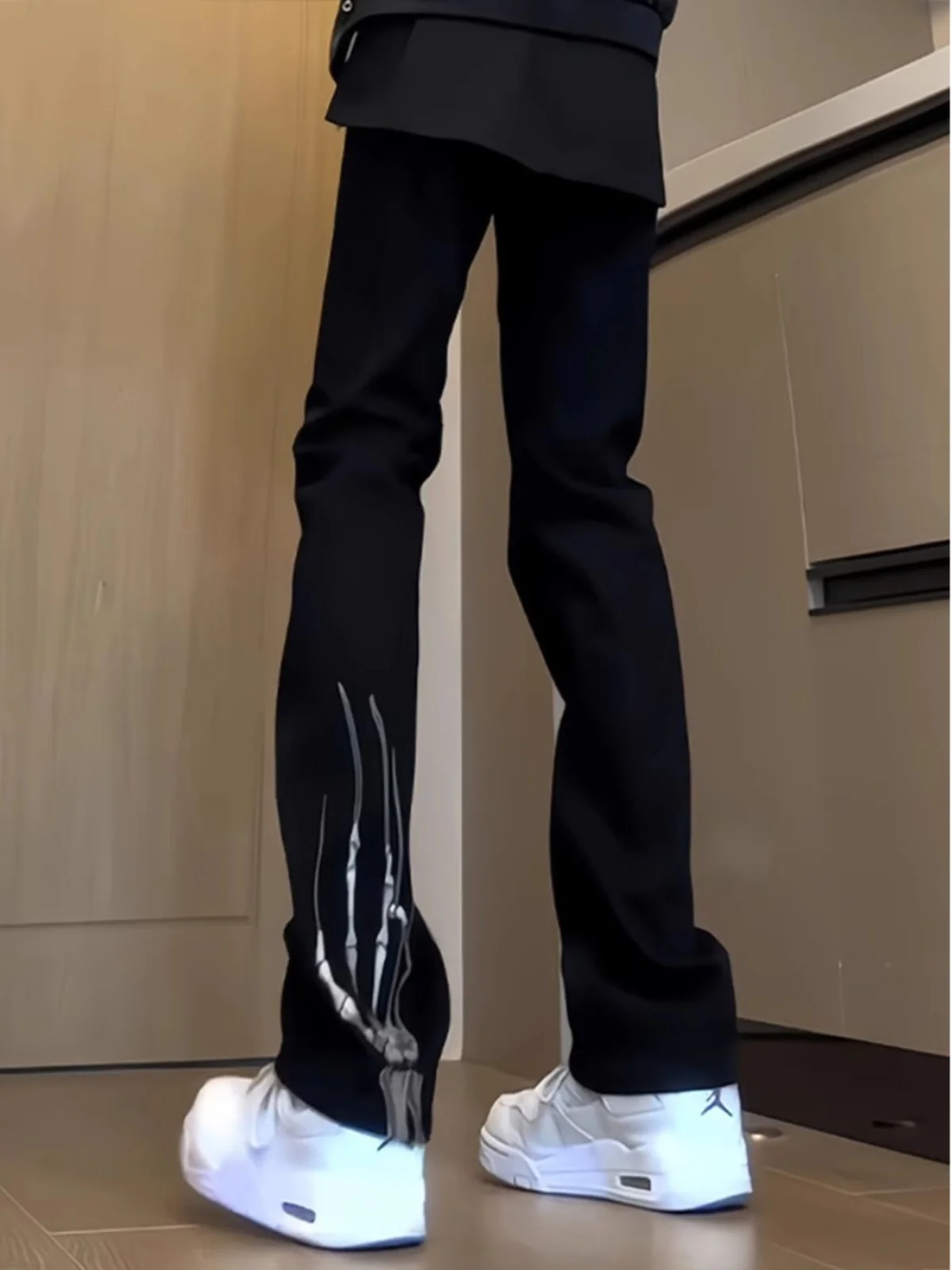 

Sli American Street Vibe Men's Bla Skull Embroidery Jeans Slim Straight Leg Micro Flared Pants Trendy Casual Trousers