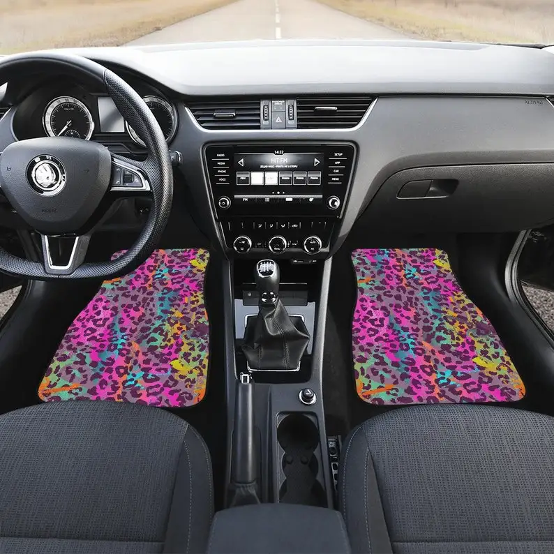 Colorful Pink Purple Leopard Cheetah Animal Print Car Floor Mats Set, Front and Back Floor Mats for Car, Car Accessories