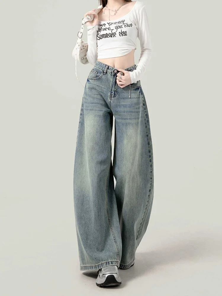 حجم كبير الجينز الأمريكي الرجعية المرأة سليم مستقيم فضفاض بنطال ذو قصة أرجل واسعة عالية الخصر لباس غير رسمي الخريف جديد Sle