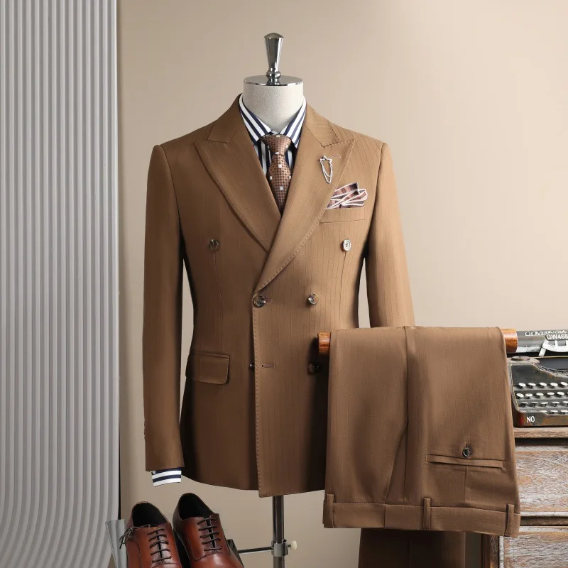 

Man Suits Striped Turn Down Collar Double-breasted Blazer Men Straight-leg Pant Male Loose Breathable Wedding 2-piece Set