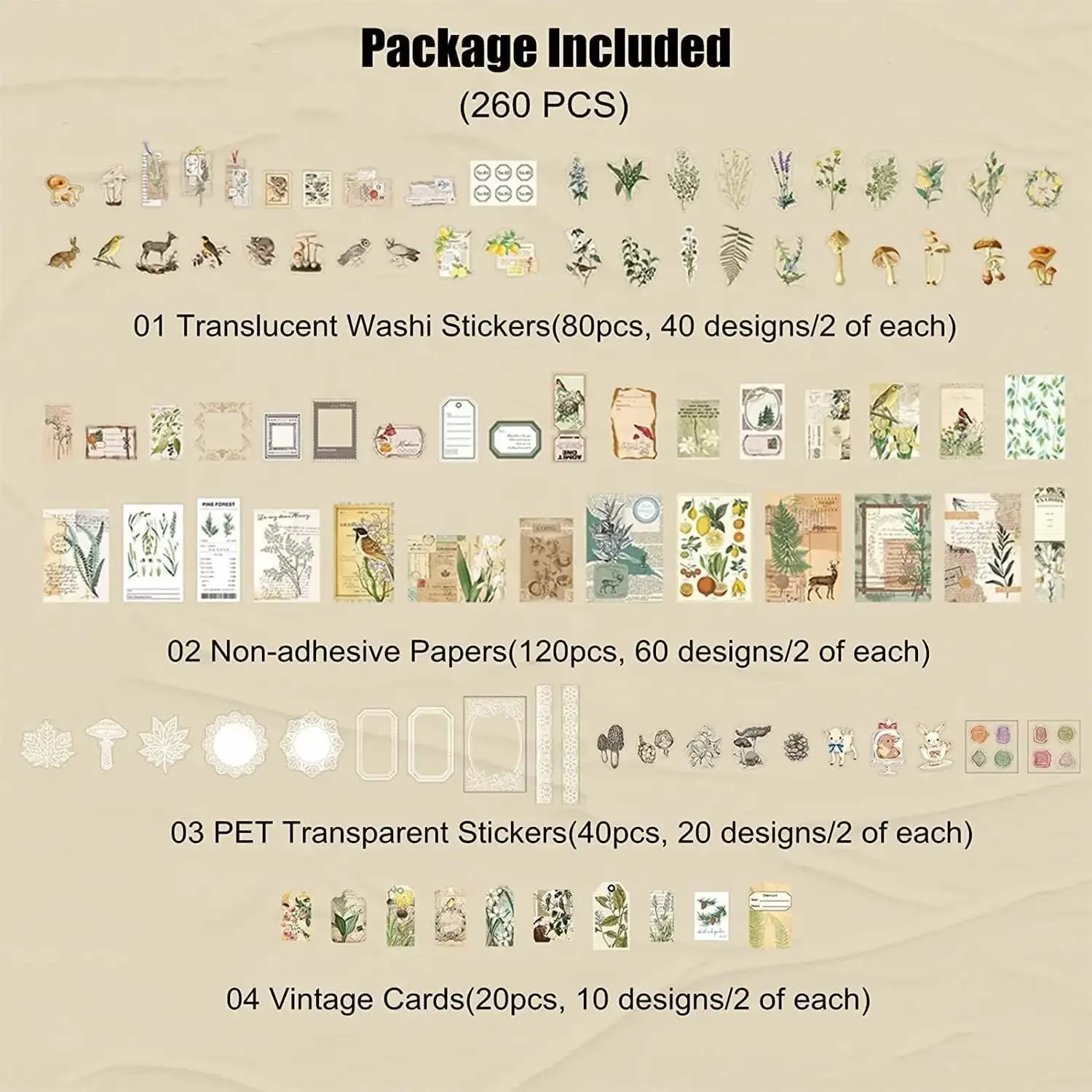 Vintage Scrapbook Craft Kit, 260pcs Handmade Crafts Supplies with Self-Adhesive Retro Stickers, Vintage Paper, Translucent Elements & High-Quality Matte Washi Stickers for DIY Journaling & Card Decoration, Craft Kits Crafting Kit Diy Card Set