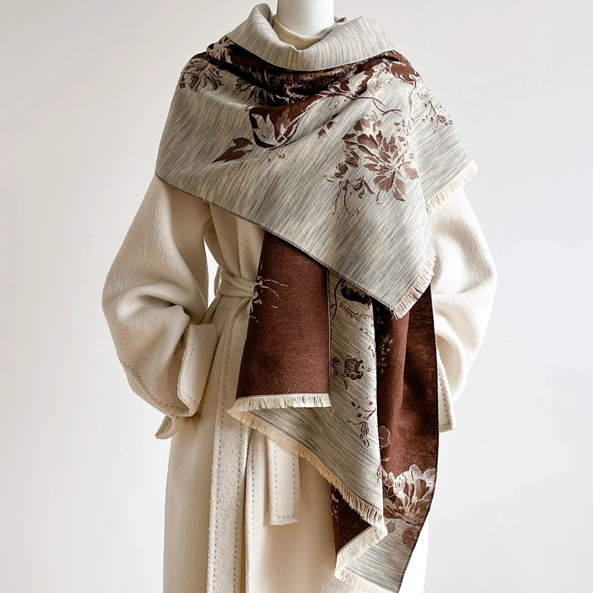 Retro Fringed Thick Warm Shawl Women Imitation Cashmere Scarf Reversible Winter Print Scarf Pashmina Autumn Large Blanket Wrap