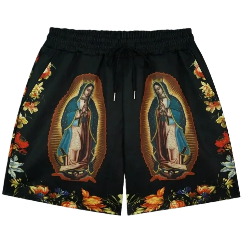 Virgem maria oração flor padrão rua estilo retro masculino feminino shorts respirável de secagem rápida confortável elegante flexível praia moto