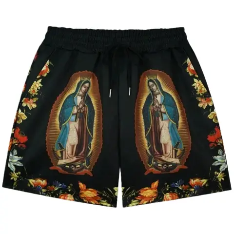 성모 마리아 기도 꽃 패턴 스트리트 레트로 스타일 남성 여성 반바지 통기성 빠른 건조 편안하고 스타일리시한 유연한 비치 모토