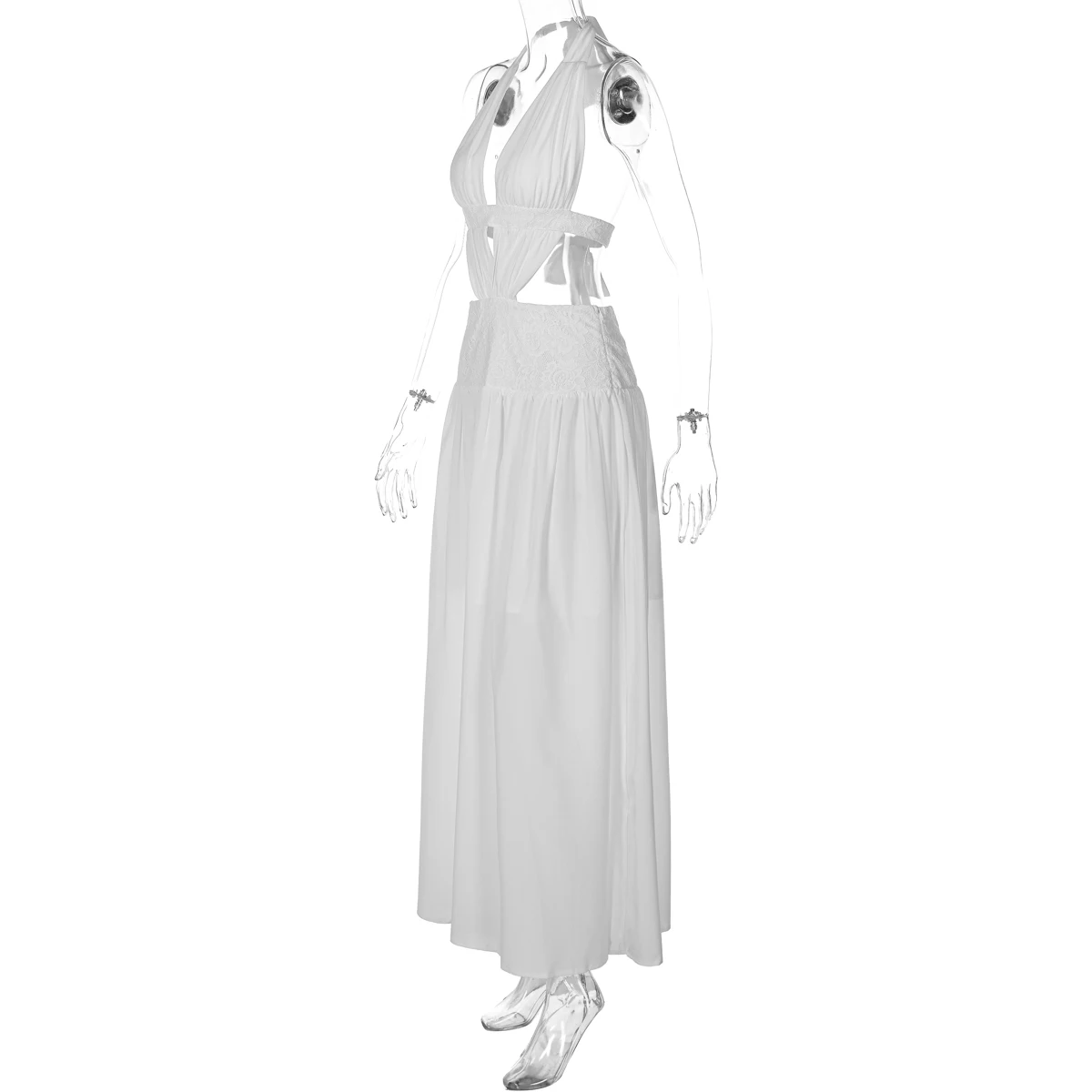 Hugcitar Damenmode, Neckholder, V-Ausschnitt, einfarbig, rückenfrei, gerüscht, mit Schnürung, sexy Maxikleid, Patchwork-Spitze, Sommerkleid, Strandurlaub – Detail 13