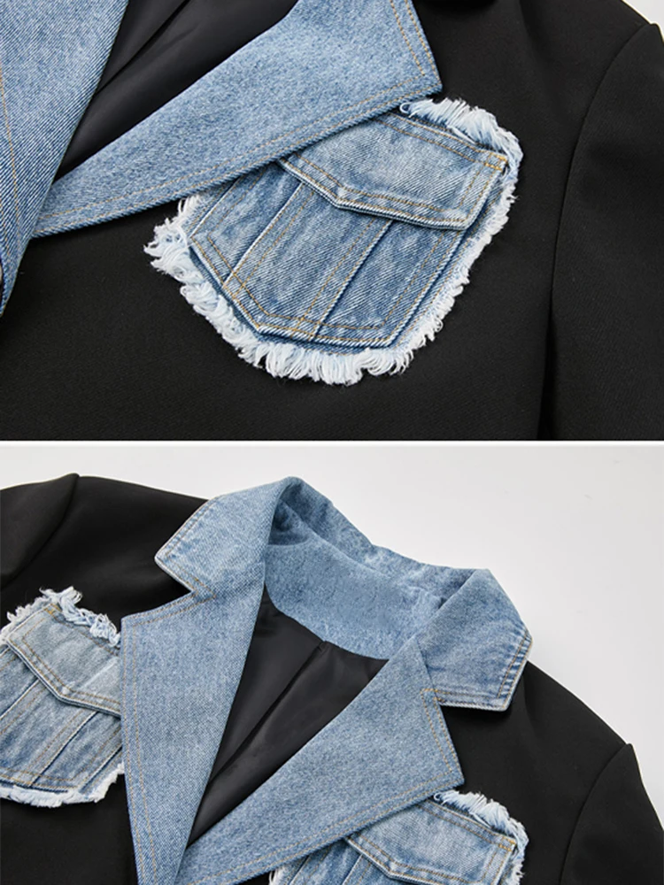 Women Blue Black Contrast Color Patchwork Denim Jackets Notched Collar Blazers Coat Long Sleeve OL Suits Jacket Cardigan Outwear