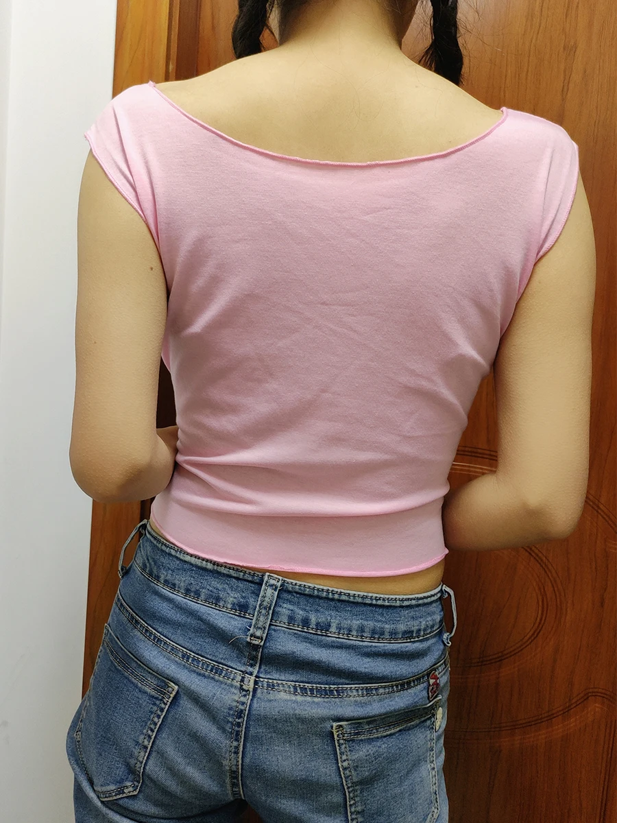 Tops cortos de corte bajo para mujer, camiseta ajustada Rosa Kawaii para niñas dulces, camisetas de bebé para salir, ropa de calle Retro de los años 00, Y2k