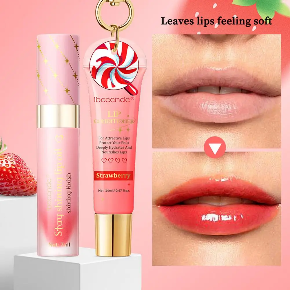 Juego combinado de aceite de labios nutritivo de fresa, brillo de labios portátil antiseco hidratante de larga duración con llavero, bálsamo labial, regalos de Festival