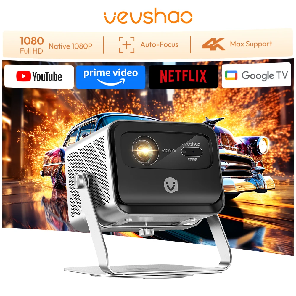 VEVSHAO V80 4K Projector Full HD1080P 2200 ANSI Lumens Android 13 WiFi 6 جهاز عرض فيديو للمسرح المنزلي مع حامل قاعدة للأفلام