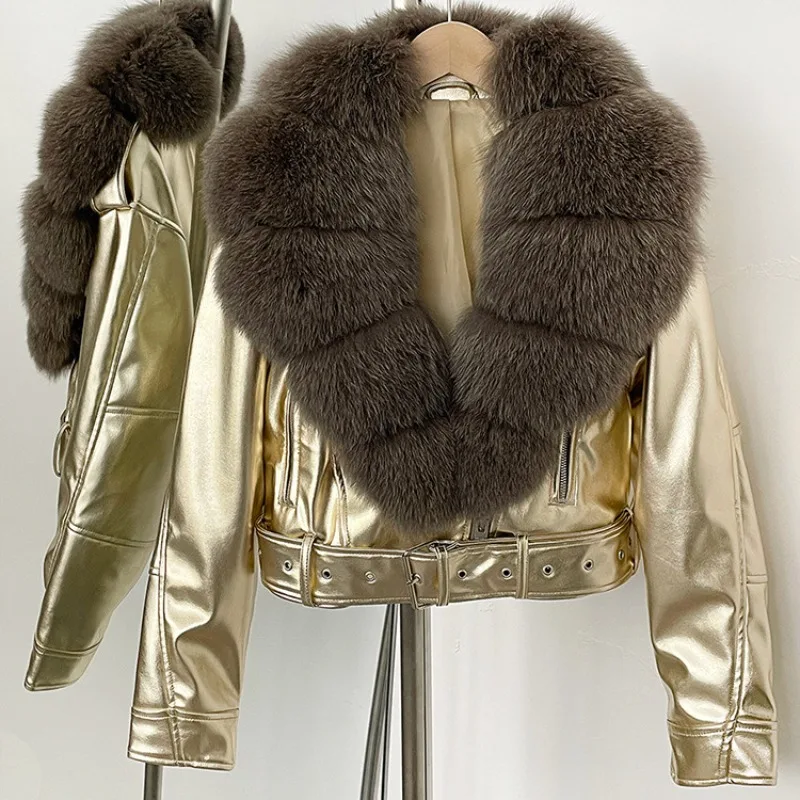 2026 Autumn Winter Big Fox Fur Collar Leather Jacket Women's Short Coat Sashes Slim High-waist Faux Leather Outerwear Streetwear