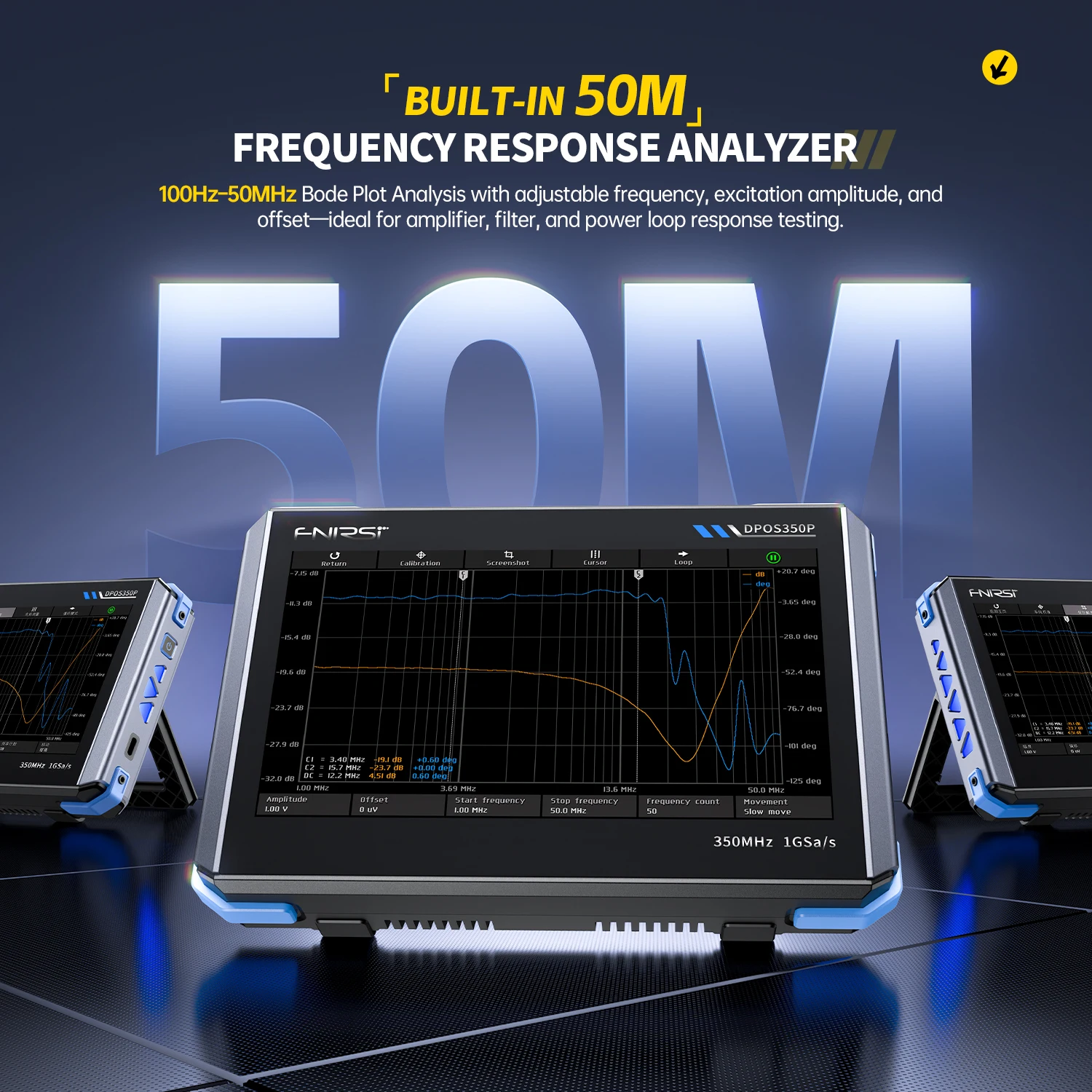 Analisador de resposta de frequência FNIRSI DPOS350P, osciloscópio plano quatro em um, gerador de sinal de 2 canais 350 MHz, 50 MHz, espectro