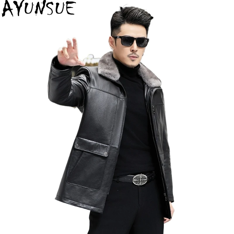 

AYUNSUE Real Cowhide Men Leather Jacket Winter Detachable Rabbit Fur Liner Jacket for Man Mid-long Down Coat Mink Fur Collar