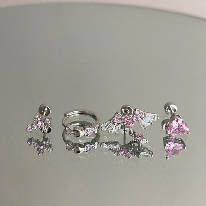1 Pcs Pink Love Heart Wings Star Pendant Ear Bone Nail 316L Stainless Steel Piercing Earring Y2K Punk Jewelry Women Accessories