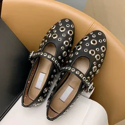 Women Shoes Ballet Flats Metal Rivets Holes Hollow Mary Jane Designers Vintage Brand Daily Sneaker Casual Walking Loafers
