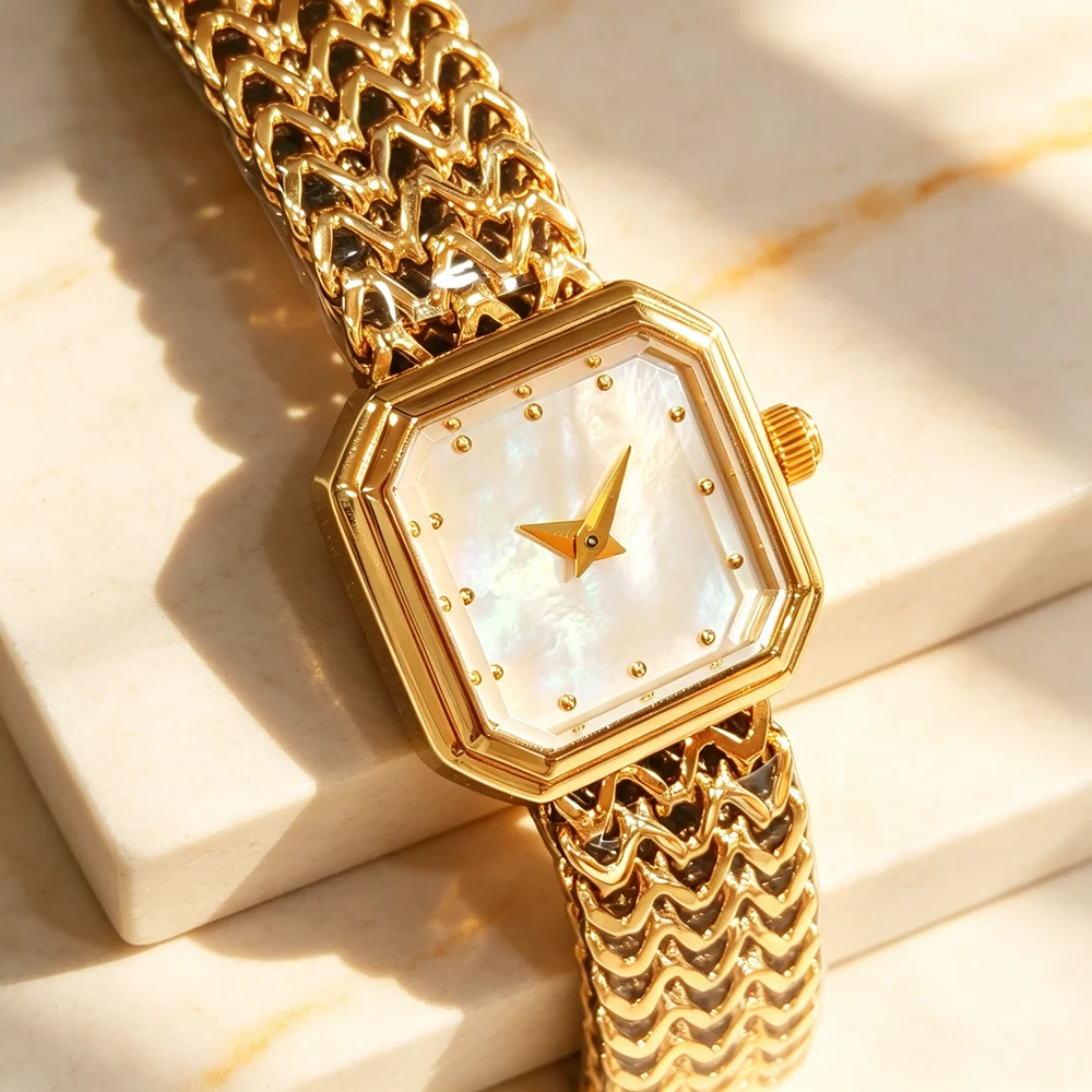 Vintage Octagon Women Quartz Watch MOP Dial Wave Weave Metal Bracelet Elegant Ladies Jewelry Wristwatch Gold Silver