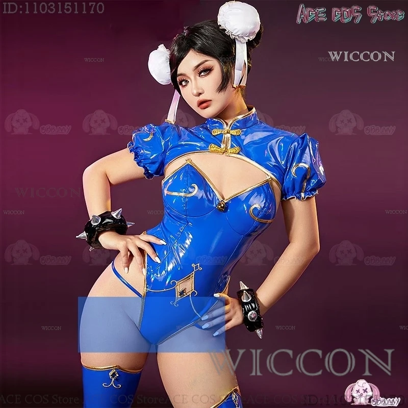 Street Chunli Chun Li Cosplay Costume Wig Fighter Game SF Role Play Bunny Girls Outfit PU Tight Skirt Halloween Sexy Dress Party