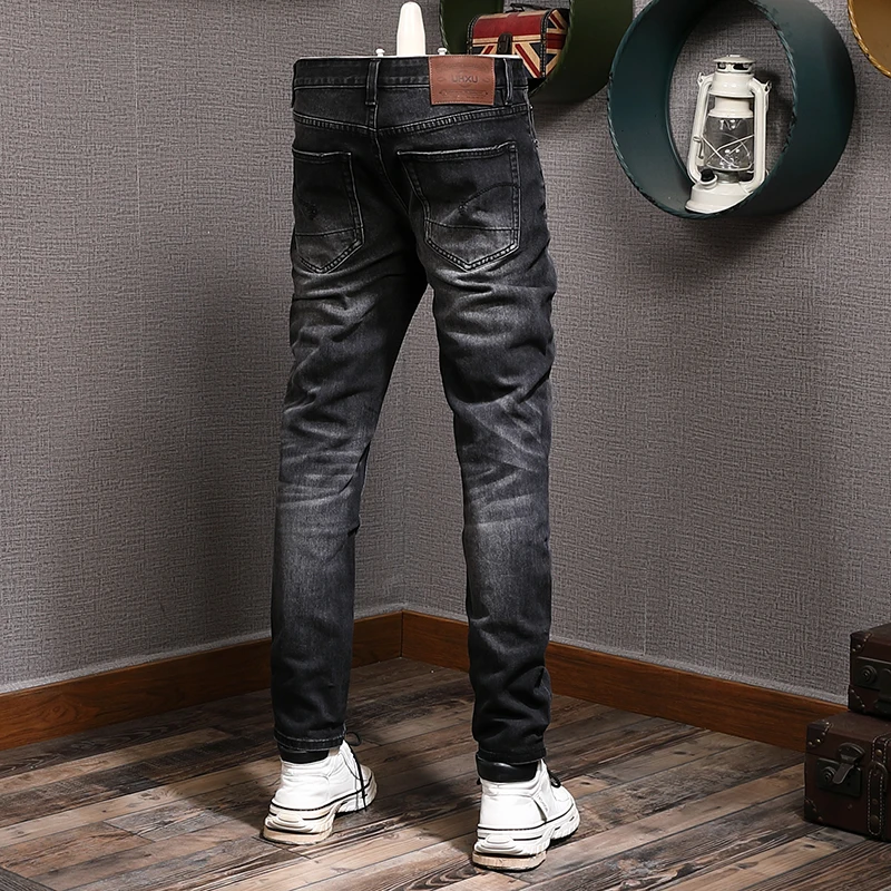 European Vintage Fashion Men Jeans High Quality Retro Black Gray Elastic Slim Fit Ripped Jeans Men Casual Designer Pants Hombre