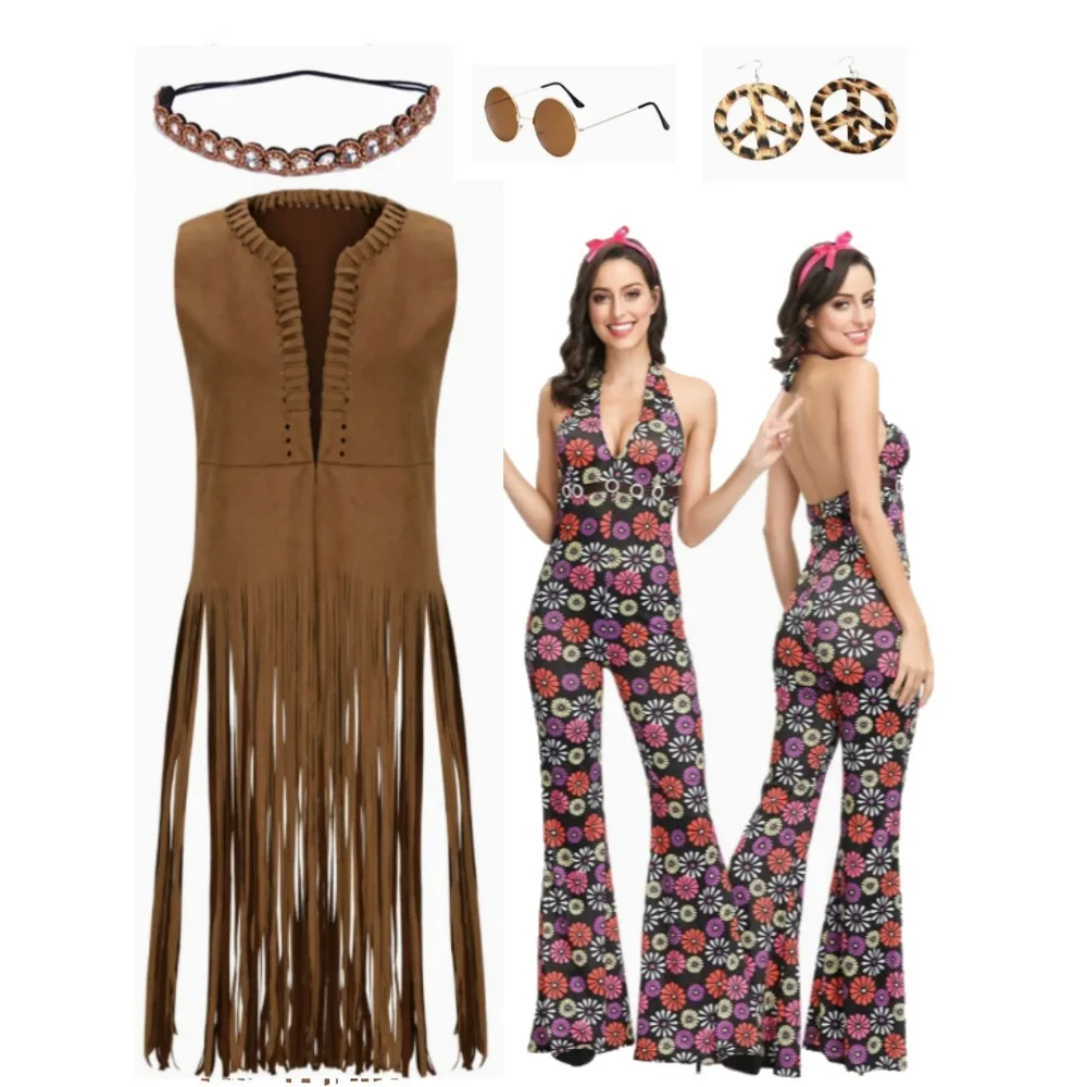 

Hippie Disco 60s 70s Women Hippie Costume Fringe Vest Bag Pant Headband for Halloween Carnival Party