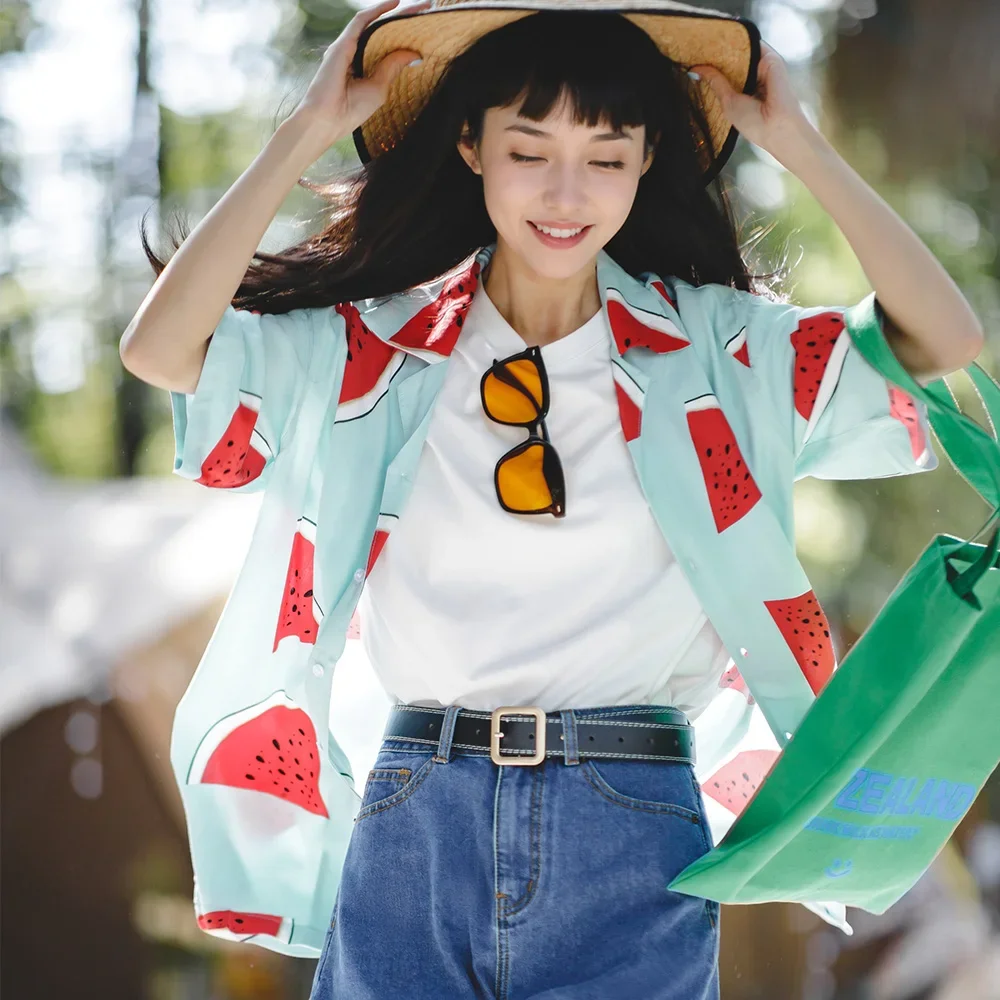 Imagem -02 - Maden Feminina Manga Curta com Estampa de Melancia Camisa Praia Havaiana Colarinho Cubano Solto Blusas Tropicais de Verão 2023