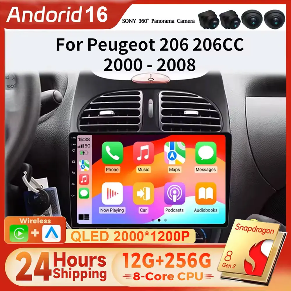 Pour Peugeot 206 206CC 206SW 2001 - 2008, CarPlay sans fil, Android 15, systèmes automobiles intelligents, autoradio sans lecteur DVD 2 DIN