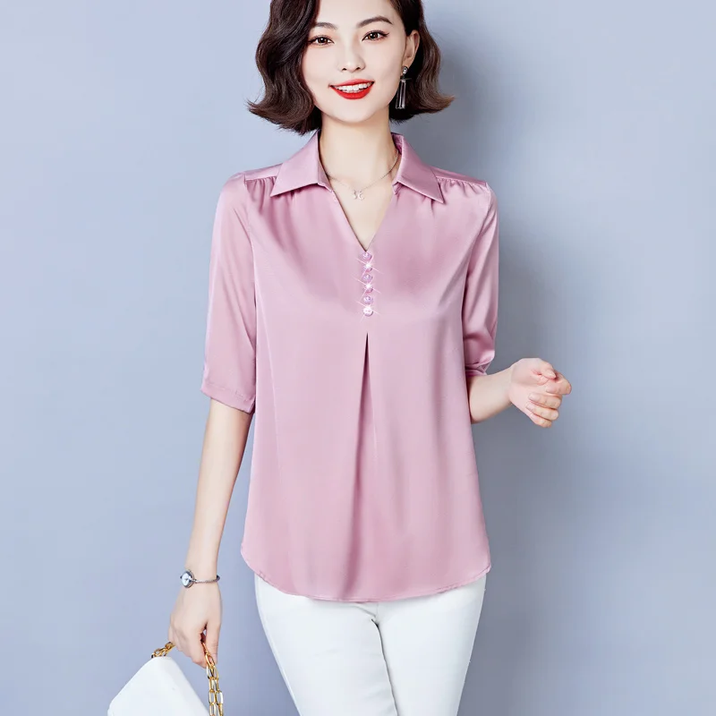 #2522 Summer Satin Blouse Women Half Sleeve Womens Tops And Blouses Regular Fit Office Blouse Female Solid Color V-neck Buttons