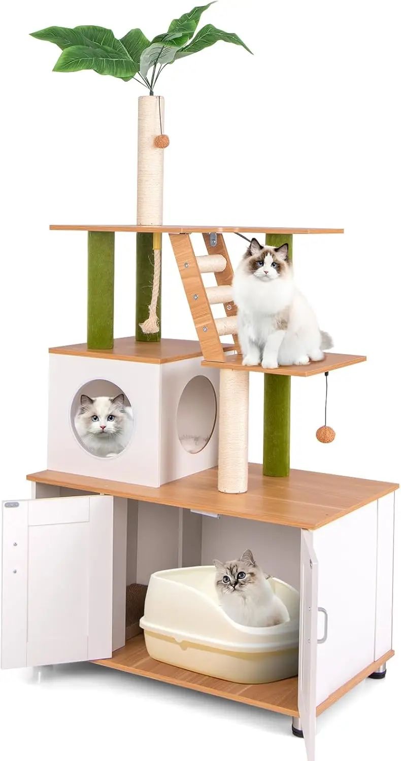 Cat Tree with Litter Box Enclosure, Multi-Level Modern Cat Tree Tower with Sisal Scratching Posts, Cat Condo, Ladder