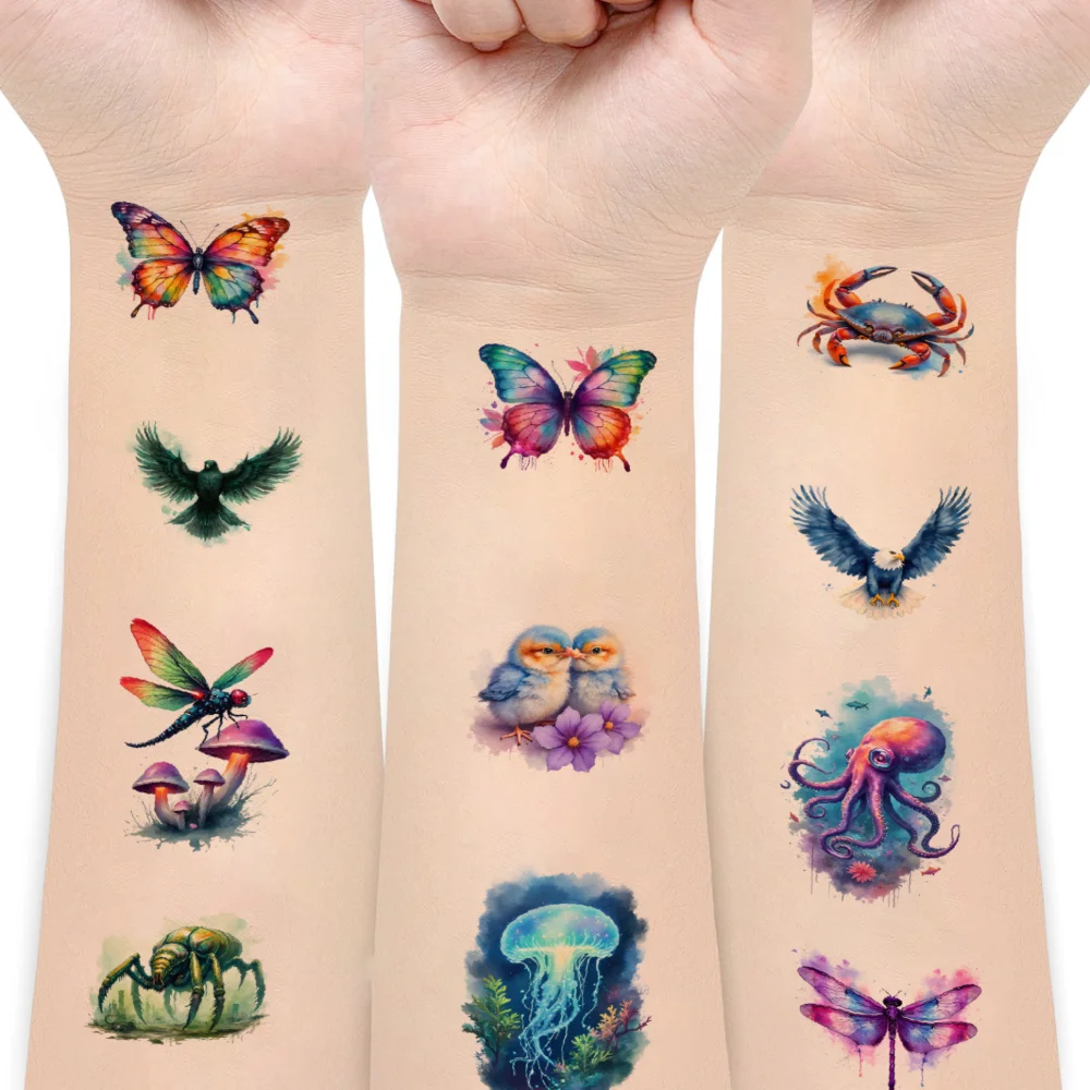 

63pcs Temporary Tattoo Parrot Temporary Tattoo Stickers Octopus Jellyfish Watercolor Owl For Shoulders Arms