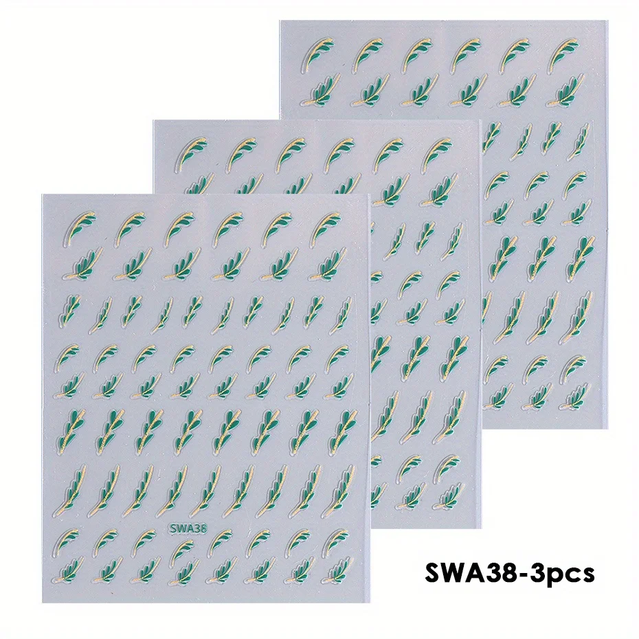 3 stuks groene bladeren nagelstickers eenvoudige glitter gouden lijn ontwerp zelfklevende sliders elegante charme curve tape decor manicure folis