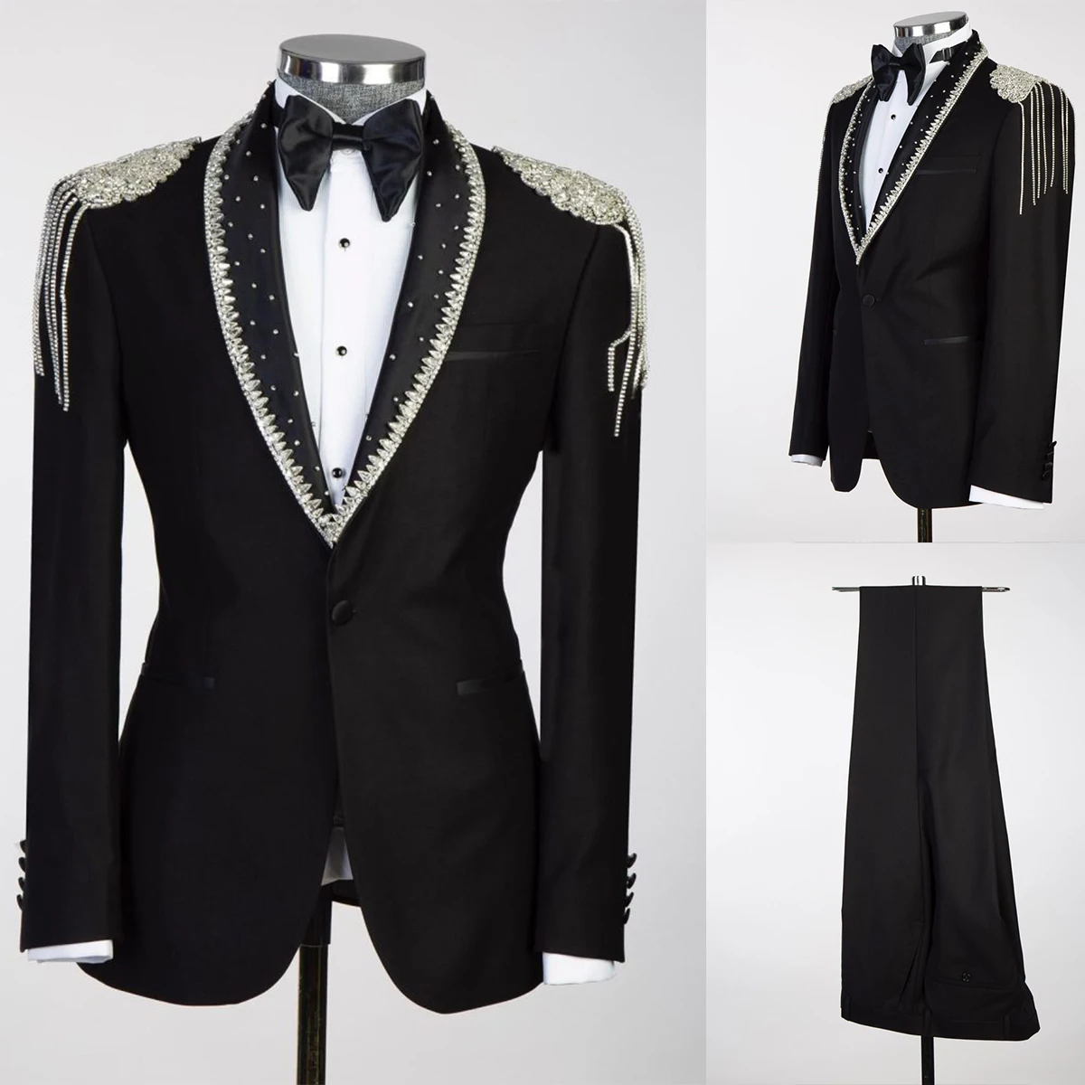 

Luxurious Crystal Men's Suit For Wedding Single Breasted Groom Wear Shawl Lapel Tuxedos Business 2 Pcs Jacket Pants Custom Made