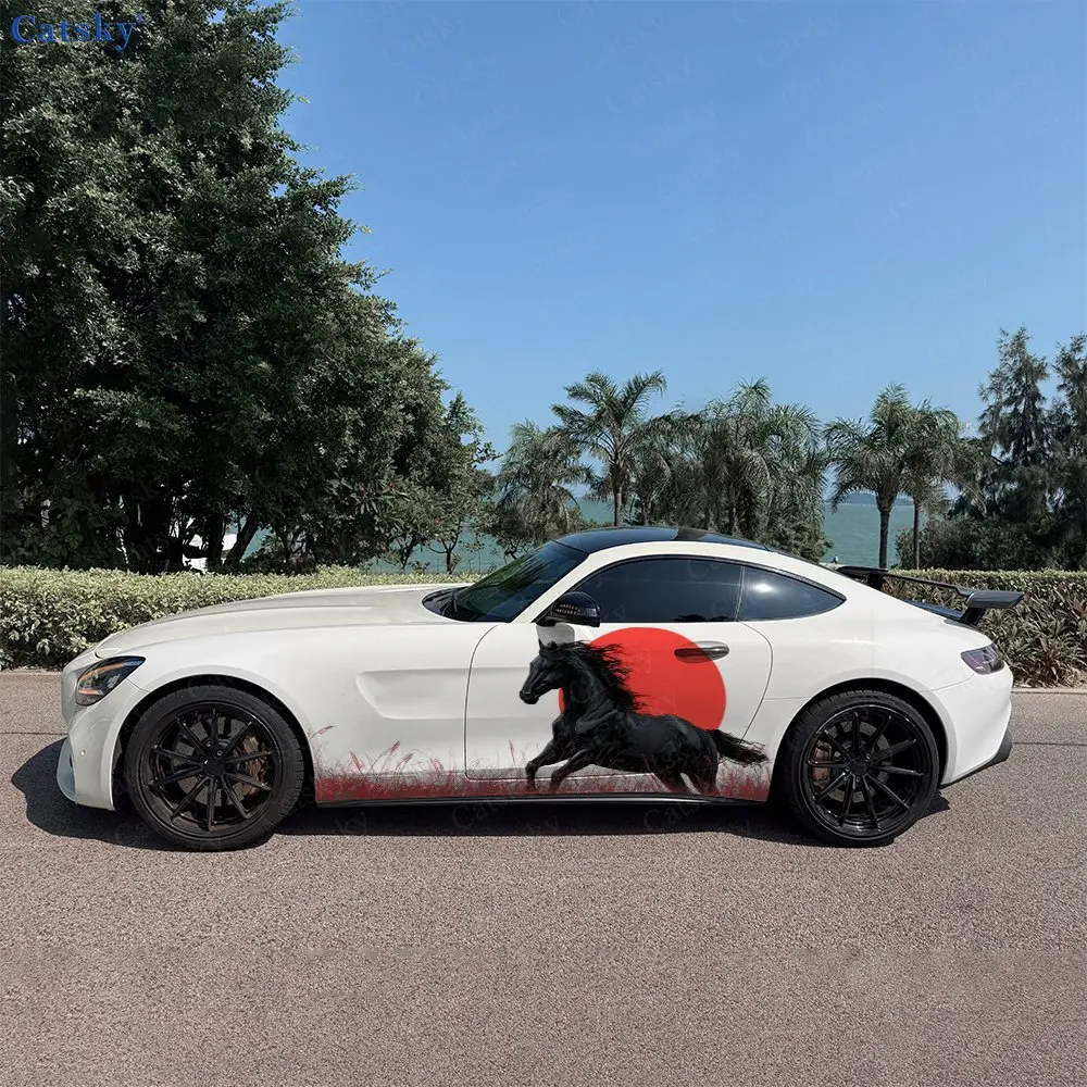 2pcs Fiery Red Sun Galloping Horse Car Side Wraps, Self-Adhesive PVC Waterproof & Scratch-Resistant Stickers, Car Accessory Gift